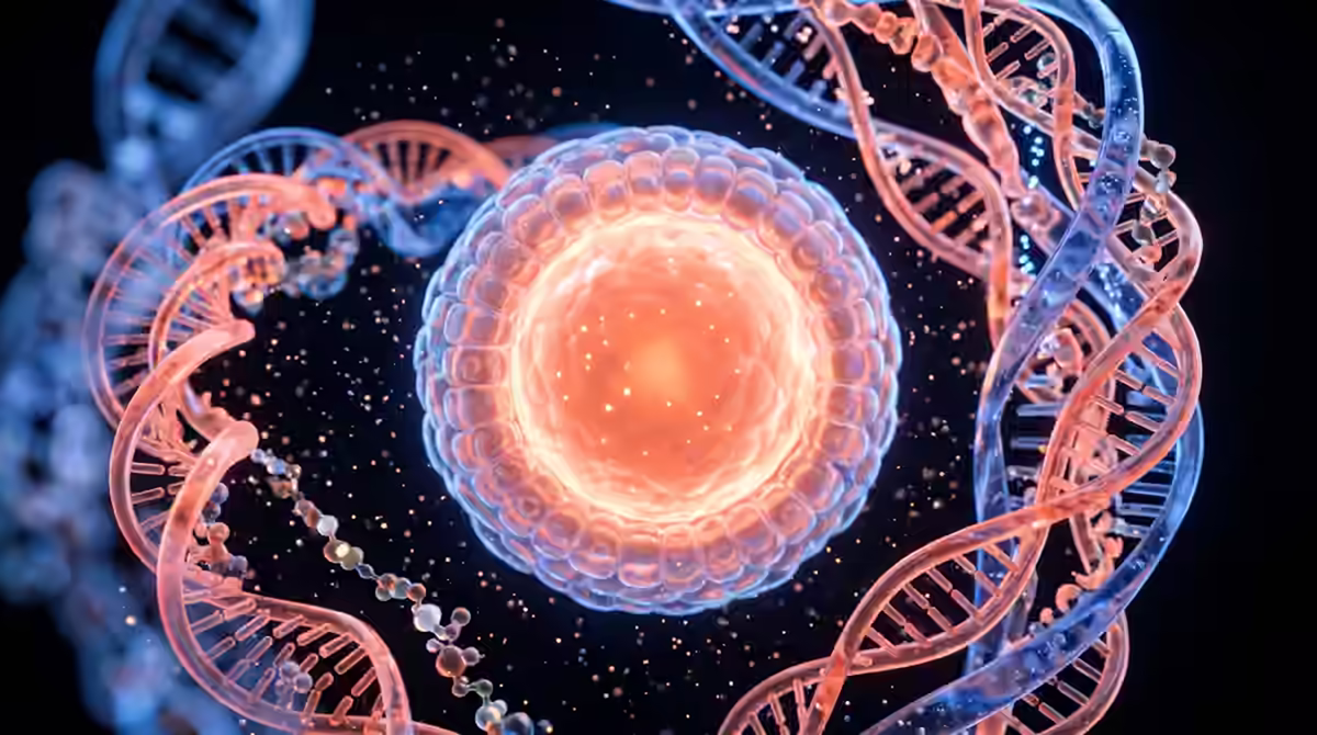 Illustration: a glowing organoid encircled by coral and cobalt nucleic-acid helices and molecular chains