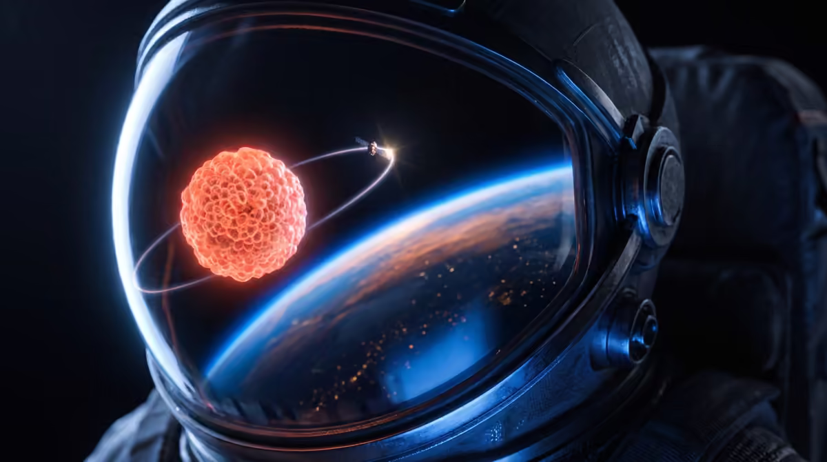 Illustration: an astronaut's visor reflecting a glowing organoid, its orbit and the curve of Earth