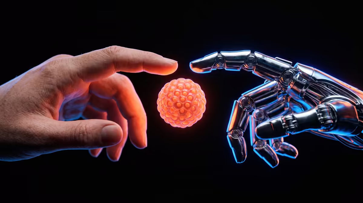 Illustration: a human hand and a chrome robotic hand reaching toward a glowing organoid between them