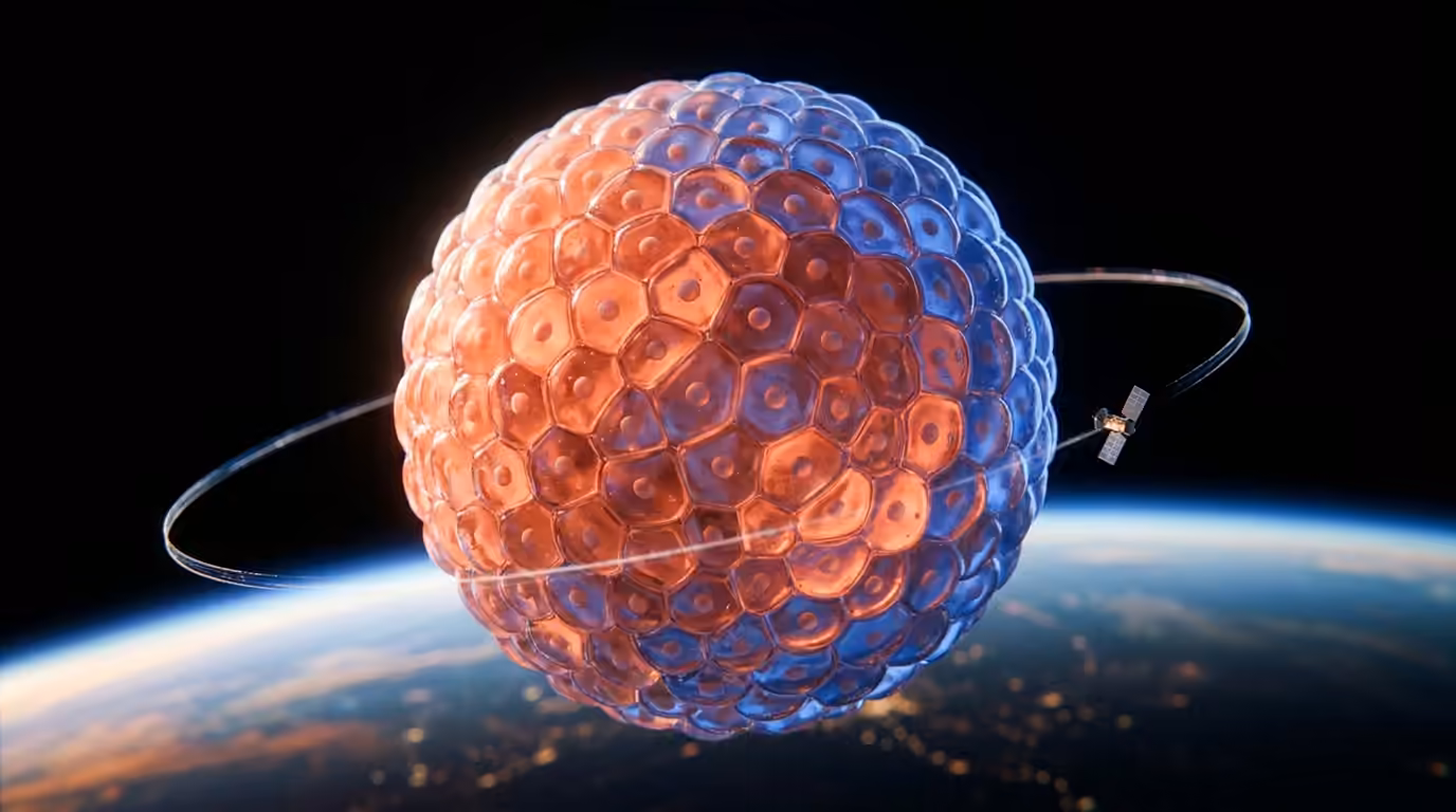 Illustration: an organoid of coral and cobalt glass cells, ringed by an orbit and a satellite, above Earth at night