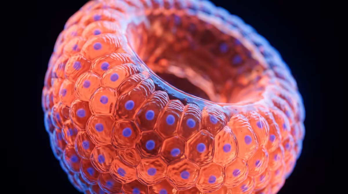 Illustration: close-up of a coral glass organoid with cobalt nuclei around an open lumen